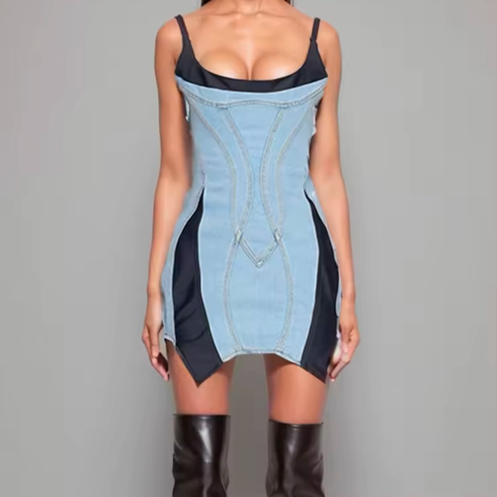 Deat new fashion women’s patchwork elastic denim sling dress 2024 spring trend